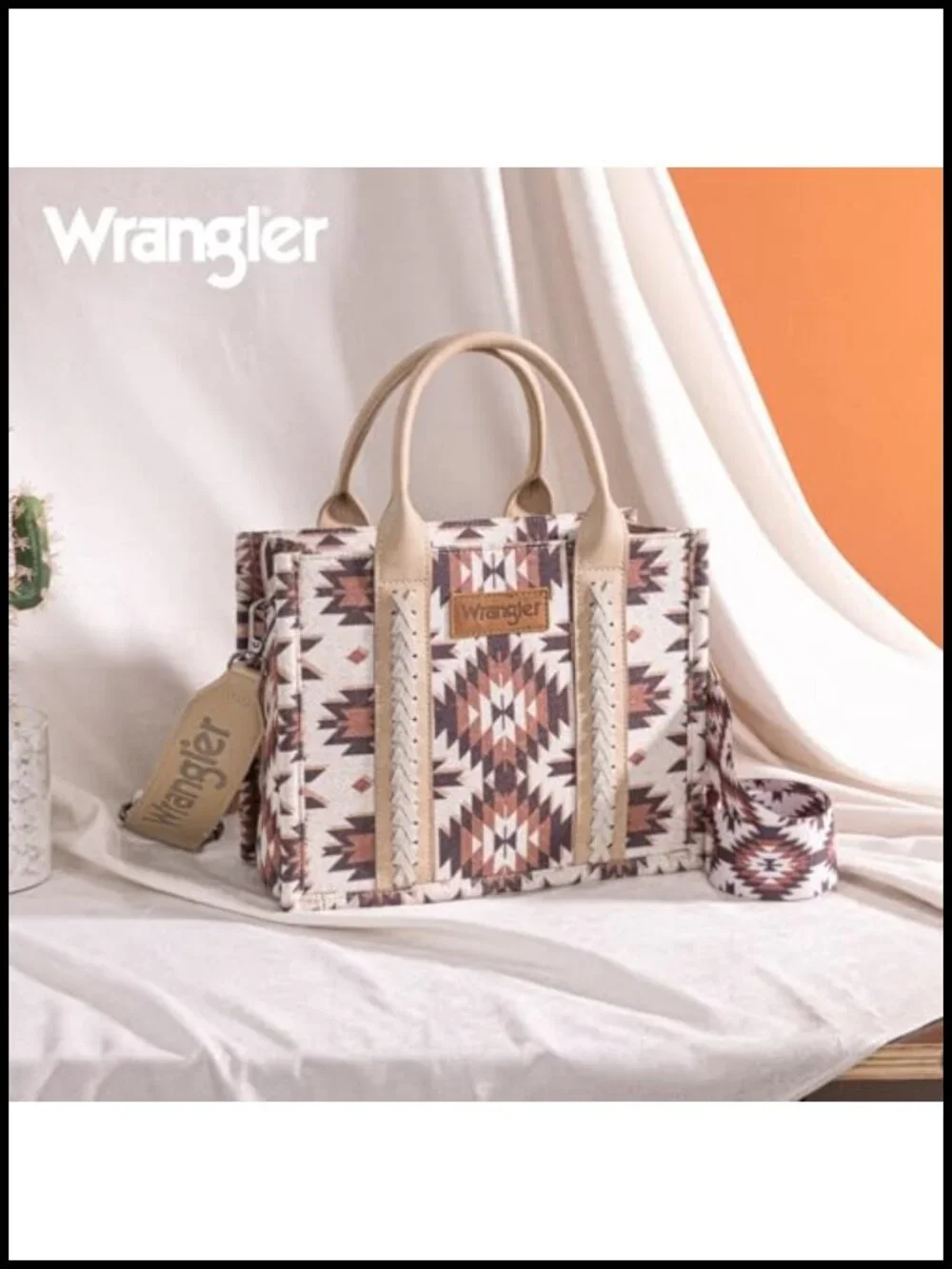 Boho Aztec Tote Bag with Leather Handles, Top Zipper Closure, Adjustable Guitar
